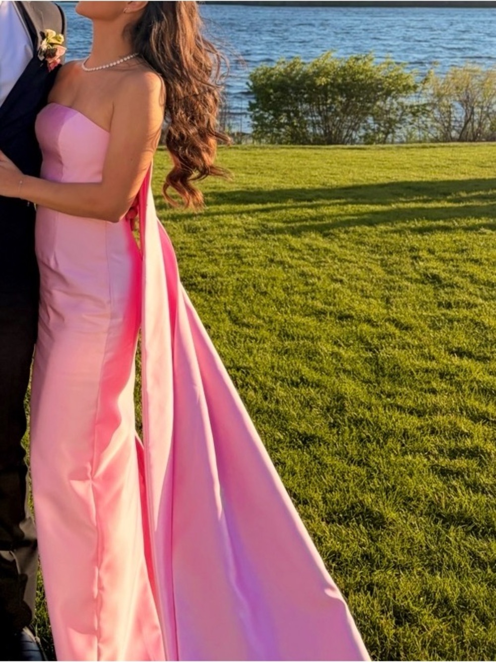 Alfred Sung Satin Column Dress with Removeable Watteau Train - Powder Pink